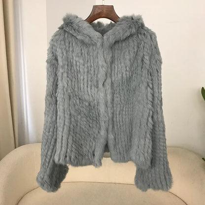 2024 Short Rabbit Fur Coat for Women Autumn Winter New Encrypted Thickened Handmade Double-sided Woven Hooded Korean Style
