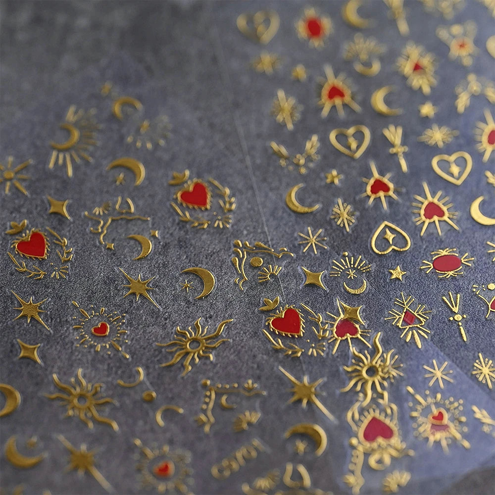 1pcs 3D Bronzing Gold Love Heart Nail Art Stickers Y2K Holographic Stars Sun Starlight DIY Nail Decals Heart Manicure Decoration