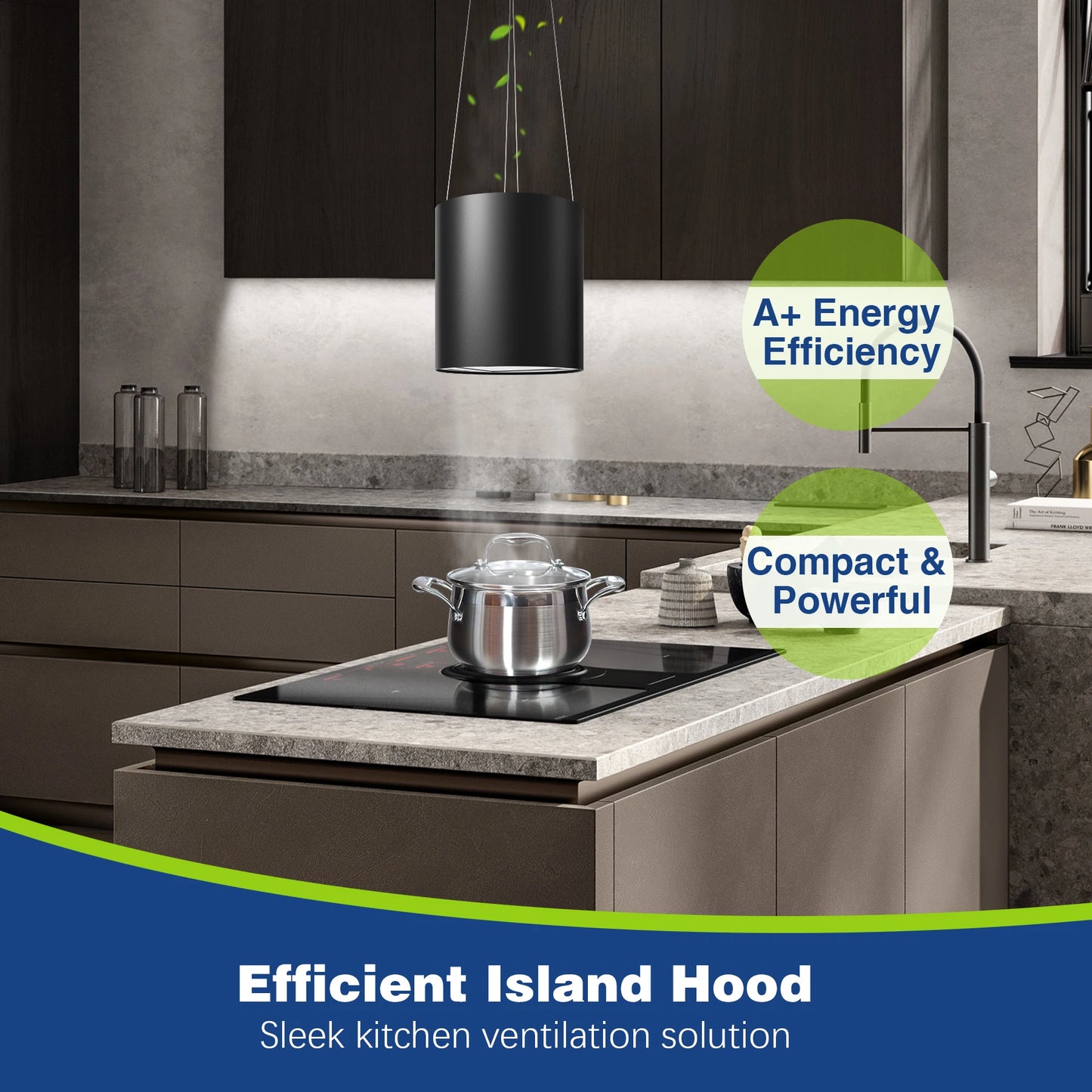 Island Hood 700/800m³/h, A+ Energy, 5-Layer Filter, LED, Ductless, Black, CE, Push Button