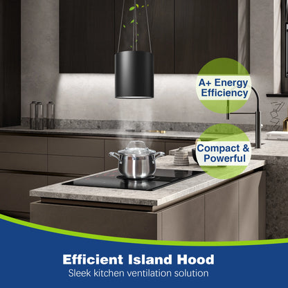 Island Hood 700/800m³/h, A+ Energy, 5-Layer Filter, LED, Ductless, Black, CE, Push Button