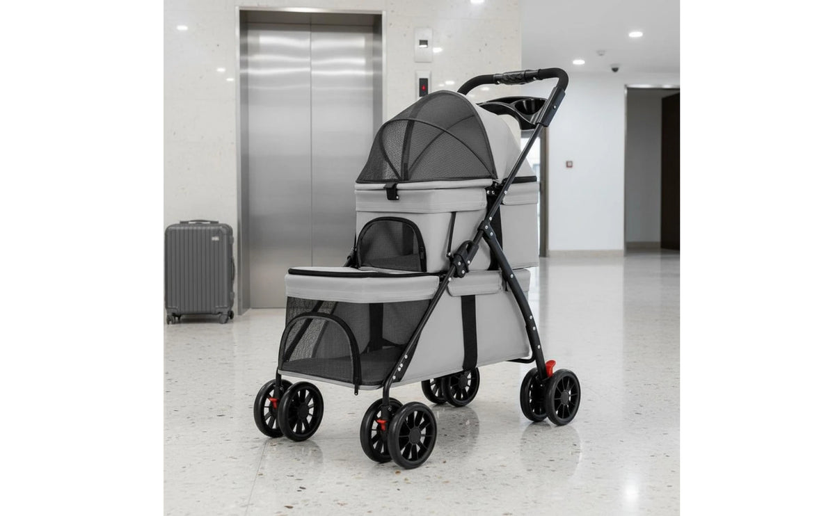 Double-Deck Pet Stroller Lockable Wheels Small Dog Feline Stroller Pet Transport Storage Pockets Removable Liner for Outdoor