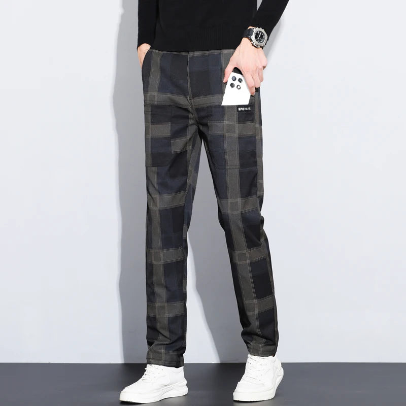 Autumn Winter Luxury Plaid Check Pattern Casual Pants Men Thick Business Elastic Waist Slim Fit Korean Pocket Long Trousers Male