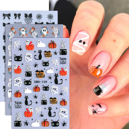 1/3pcs 3D Halloween Nail Stickers Pumpkin Ghost Spider Skull Design Bow  Flower Cute Cat Adhesive Slider Decals Manicure Decor