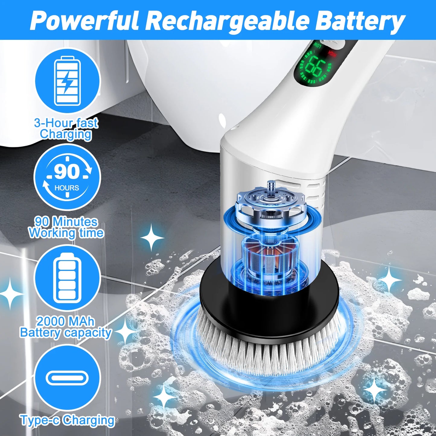 Electric cleaning brush, waterproof long-handle, multi-functional household floor brush, electric brush, floor scrubber