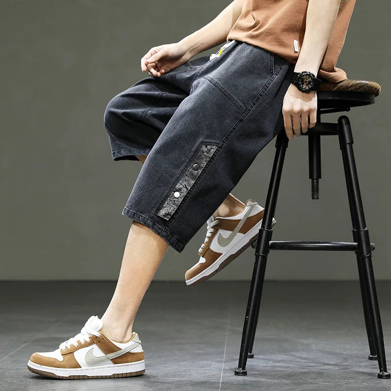 Korean Style Men's Long Shorts 3/4 Length Denim Bermuda Male Big Plus Large Size Jeans Fashion Below Knee Streetwear Loose Baggy