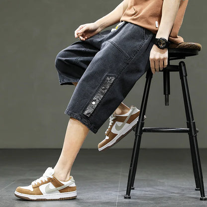 Korean Style Men's Long Shorts 3/4 Length Denim Bermuda Male Big Plus Large Size Jeans Fashion Below Knee Streetwear Loose Baggy