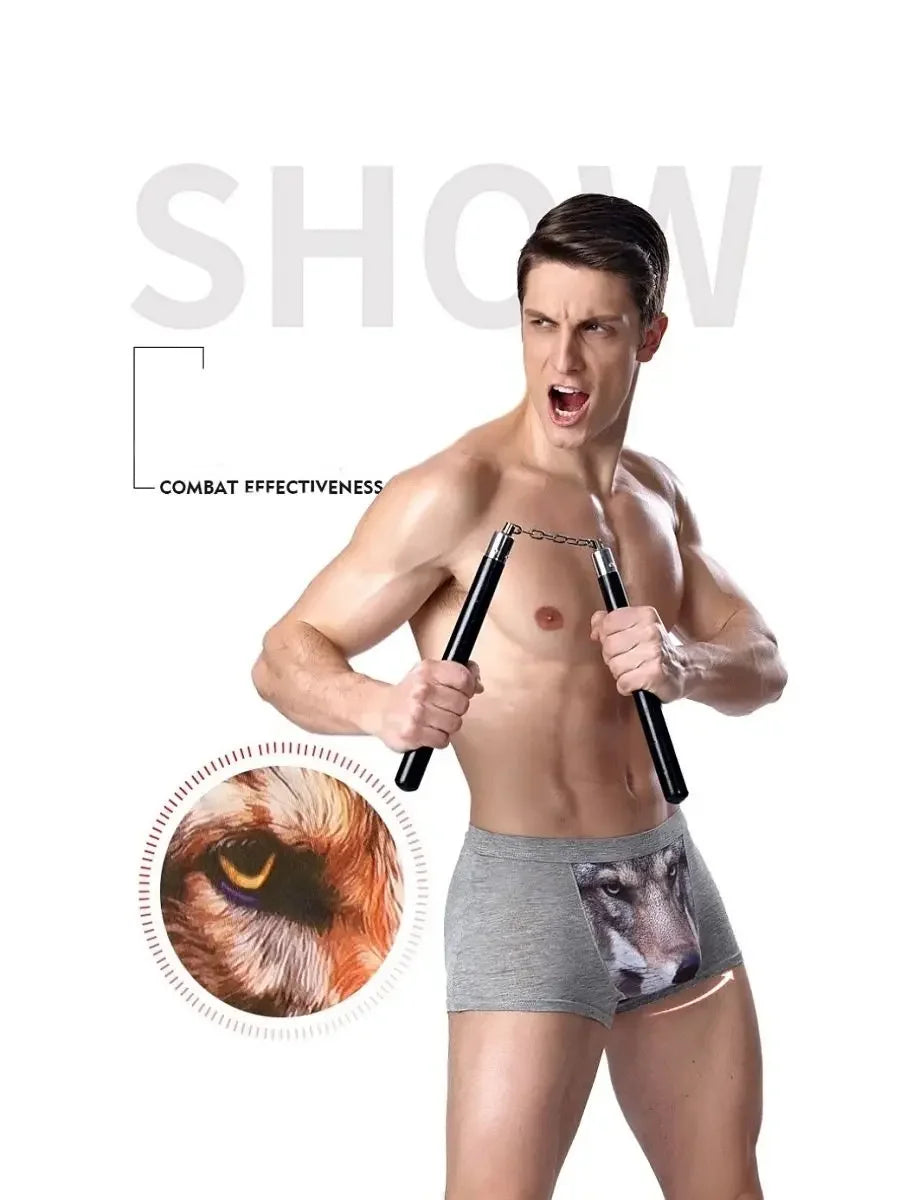 Men 3D Printed Boxer Shorts Wolf Eagle Head Pattern Mid Waist Flat Angle Underpants Soft Modal Knitted Breathable Underwear