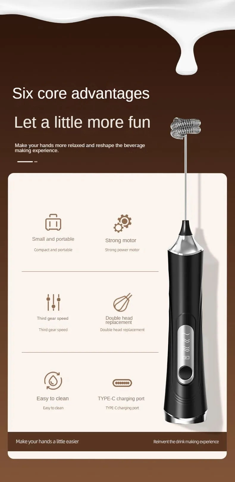 USB Electric Mixer, Handheld Coffee Milk Frother, Portable 3-Speed Blender, Butter Maker, Kitchen Tool, Ingredient Mixer