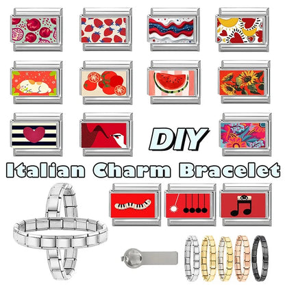 Wholesale Fashion Personalized DIY Red Color Italian Charm Bracelet Watermelon Tomato Bead 9mm Bracelet Stainless Steel Jewelrys