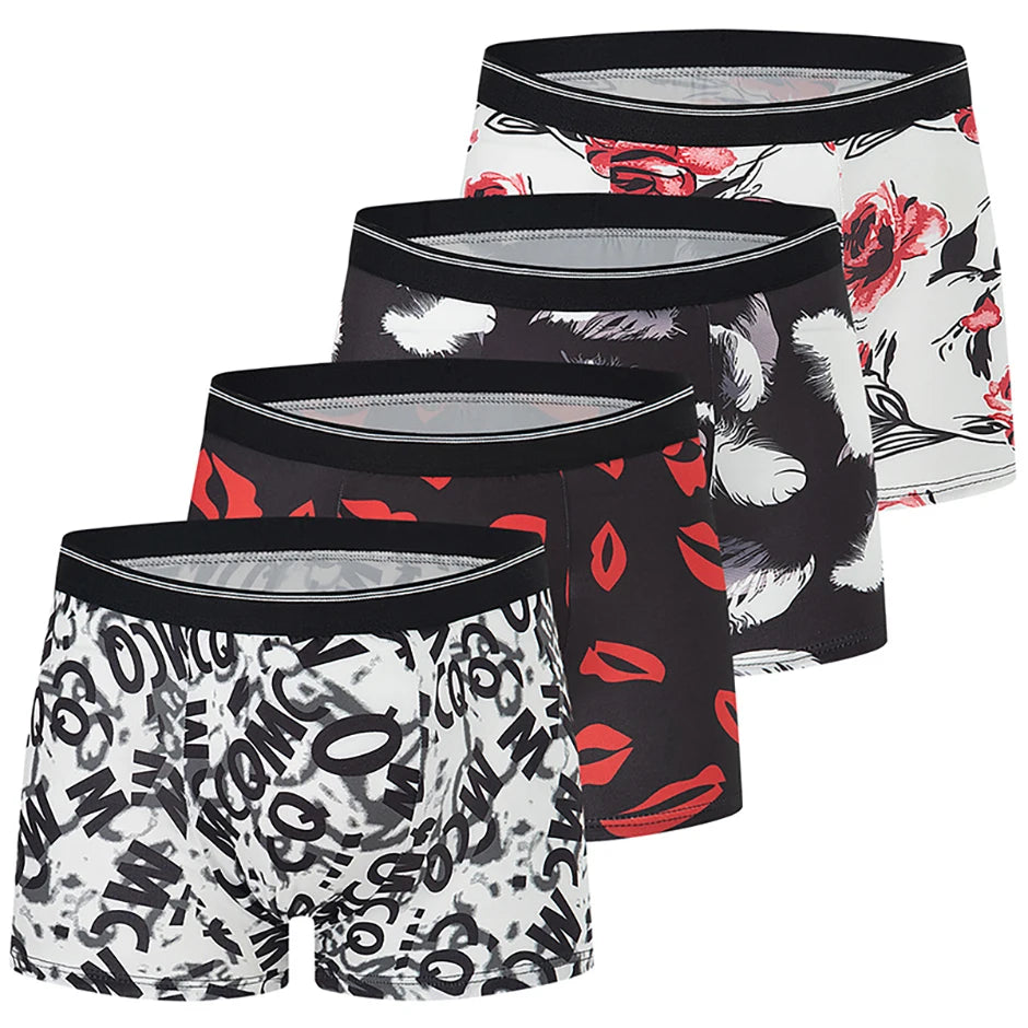 4-piece Set Of Men's Seasonal Fashionable Printed Underwear Comfortable Elastic Waist Flat Angle Pants Plus Size Casual Shorts