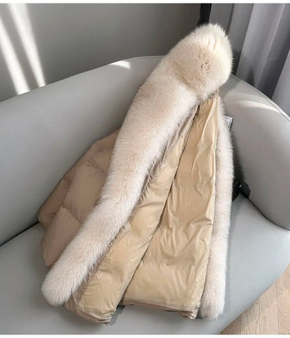 High end Faux Fox fur detachable Large Lapel fur Down Jacket For women 2025 Winter New Medium long Loose White goose Down Coats