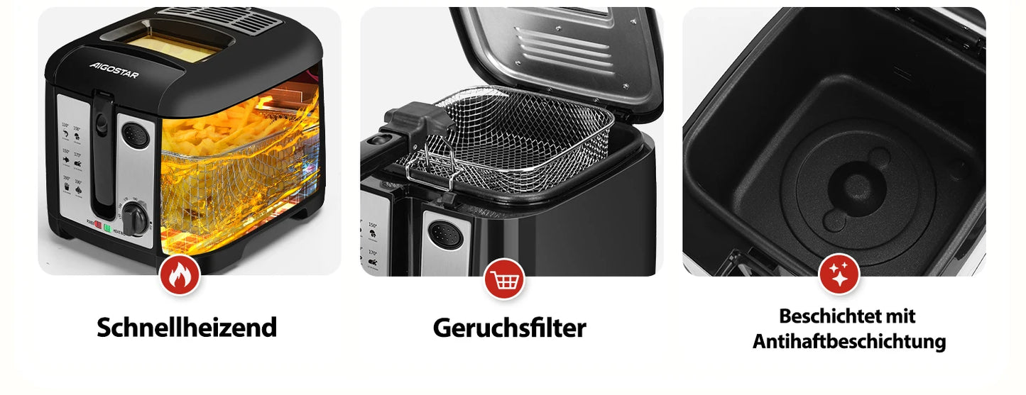 Aigostar Deep fryer with 2.5 l capacity, 1650 W, BPA-free deep fryer with viewing window, temperature control and display, black