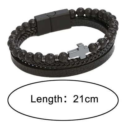 Vintage Multi-Layer Leather Bracelet Men Punk Cross Charm Tiger Eye Stone Beads Bracelet Fashion Braided Wrap Wristbands Jewelry