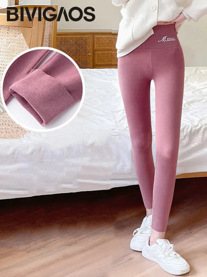 BIVIGAOS Women's Autumn Winter High Waist DE Velvet Leggings Thick Spontaneous Hot Warm Leggings Slim Elastic Leggings