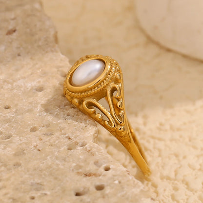 E.B.belle Thin 18K Gold Plated Hollow Texture Natural Freshwater Pearl Rings For Women Stainless Steel Tarnish Free Gold Ring