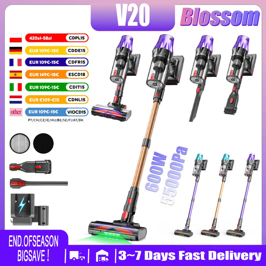 Blossom V20 Cordless Vacuum Cleaner 55KPA Strong Suction 650W Brushless Motor Removable Battery 65Mins Runtime 3 Suction Modes HEPA Filter 180°Flexible Floor Brush Handheld Wireless Vacuum For Home Pet Hair Floor Carpet Car
