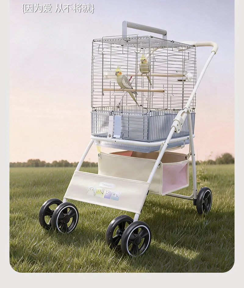 Foldable Lightweight Parrot Stroller Outdoor Travel Pet Carrier with Storage Space