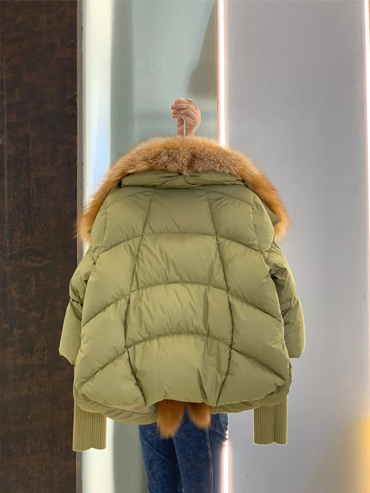 2024 Winter Women Warm Coat Oversized Real Fox Fur Collar Thick Luxury Outerwear New Fashion 90% Goose Down Jacket
