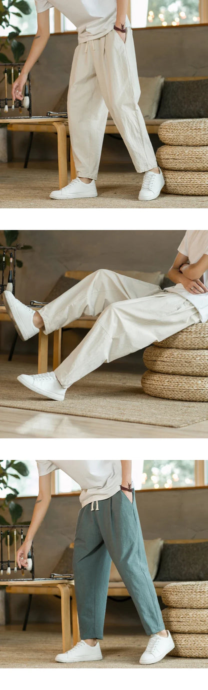 Streetwear Men Cotton Trousers Casual Solid Color Long Pants Breathable Drawstring Straight Pants Harem Pants Men Baggy Pants