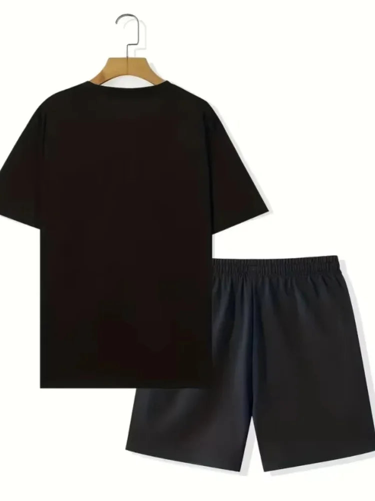 2025 New Men's Summer Round Neck Short Sleeve Suit Outdoor Sports Breathable Comfortable Shorts Suit Letter Print Casual Suit