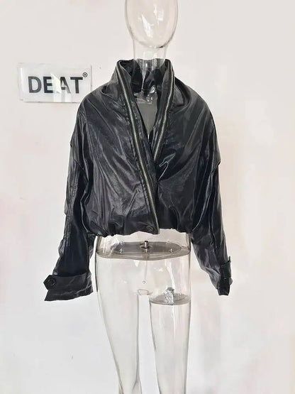 DEAT 2026 Summer New Item Fashion Double Zipper PU Leather Quilted Jacket For Women High Street Black Loose Coat Female 11A01245