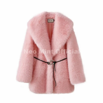 Neo Mint Chic Brand Fashion Brown Belted Faux Fur Coat Women 2025 Winter Thick Warm Long Fox Fur Jacket Girls Furry Overcoat