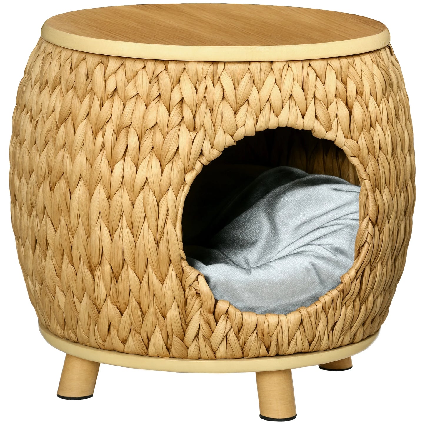 Cat cave with a soft washable cushion, featuring a natural light brown and grey design, it provides cats with a cozy hideaway while doubling as a sturdy stool and elegant home decor piece