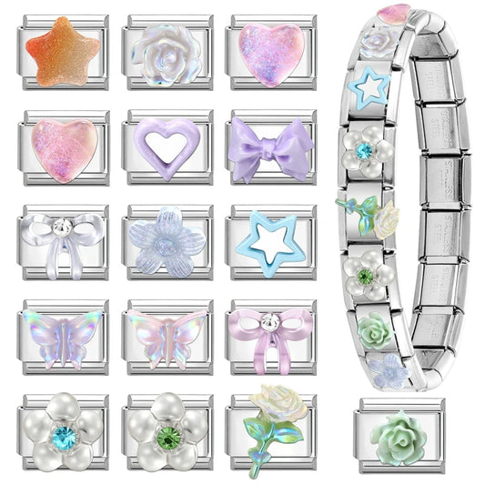 Fashion Heart Bow Knot Butterfly Star Rose Flowers Italian Charm Links Fit 9mm Stainless Steel Bracelet Women DIY Making Gift