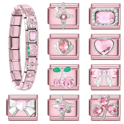 2025 New Women Romantic Pink Cherry Heart Shiny CZ Italian Charm Links Fit 9mm Bracelet Stainless Steel DIY Making Jewelry Gifts