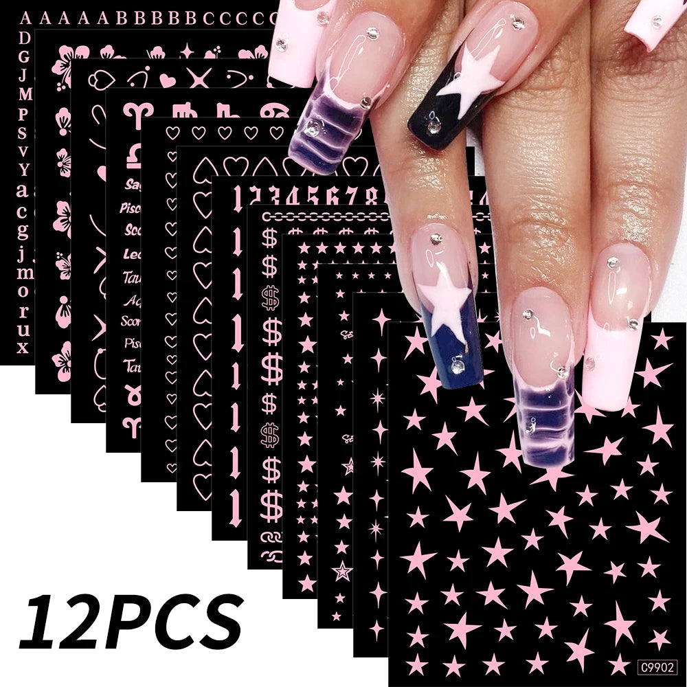 12Pcs 3D Gold Sliver Stars Nail Stickers Bronzing Starlight Nail Art Decals Self Adhesive Slider Decals DIY Nail Tips Decoration