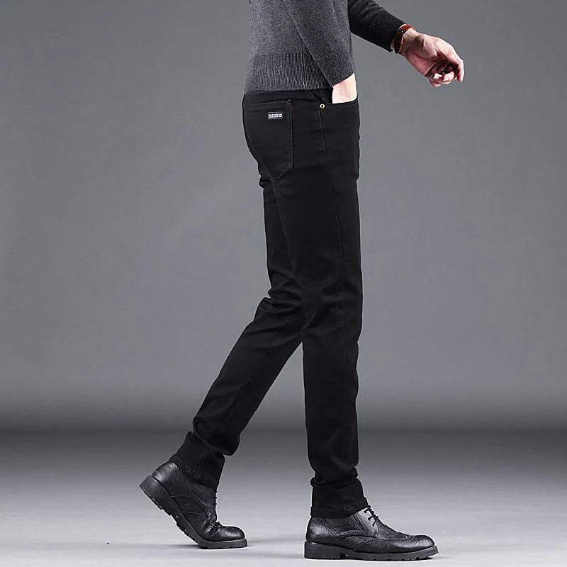 Spring Autumn New Men's Pure Black Slim Jeans Elastic Straight Pants Business Fashion Leisure Korean Vintage Denim Pants Male