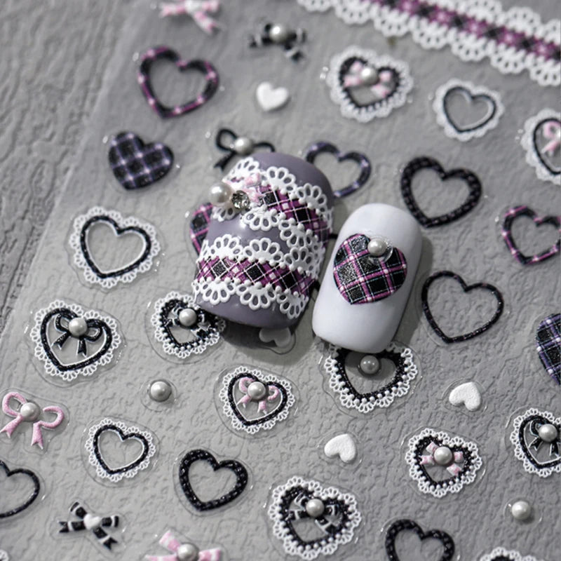 Sweet Bowknot Black Lace Heart Nail Stickers 3D Self Adhesive Nail Art Stickers Japanese Cool Girls Manicure Decorations Decals