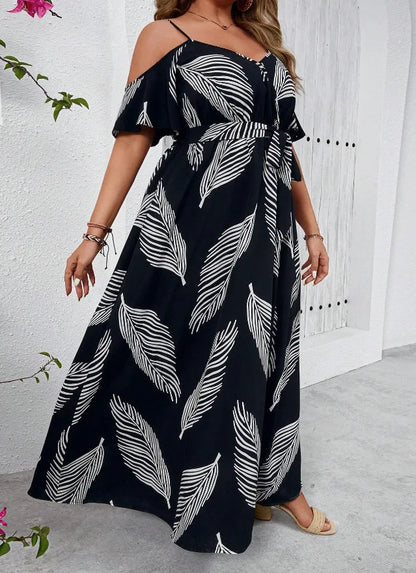 Plus Size Large Size Fashion Floral Print Women's Strap Dress Comfortable Casual Long Skirt Polyester Fabric Commute Style Th...