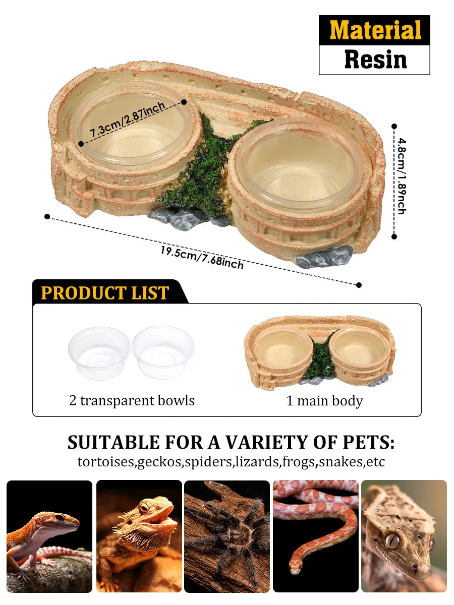 Two-in-One Reptile Food and Water Bowl, resin material, includes 2 easy-clean plastic bowls, suitable for lizards, geckos