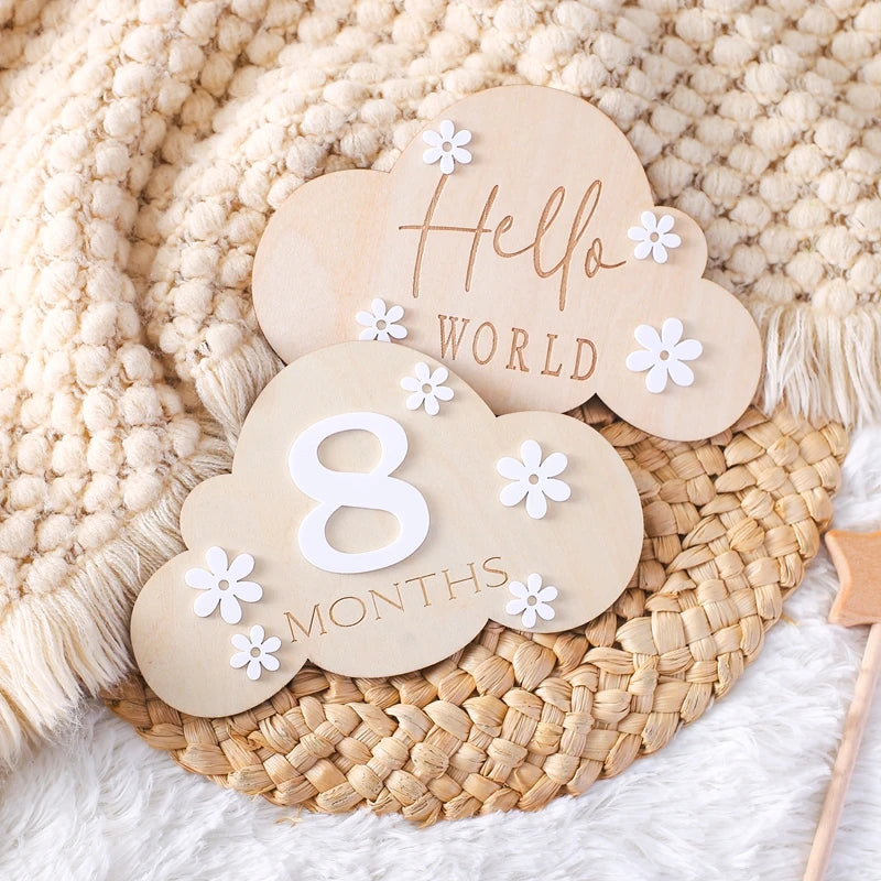 Wooden Baby Month Photography Prop Cloud Shape Record Card Newborn Birthday Gift Milestone Card Souvenir Baby Photo Accessories
