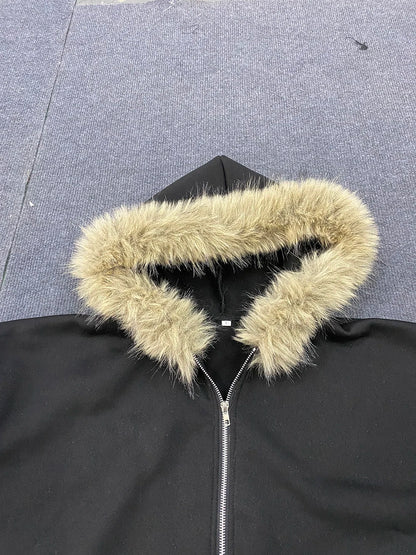Fluffy Hat Hoodie Solid Color Casual Long Sleeve Hoodie Retro Coat Street Trend Y2K