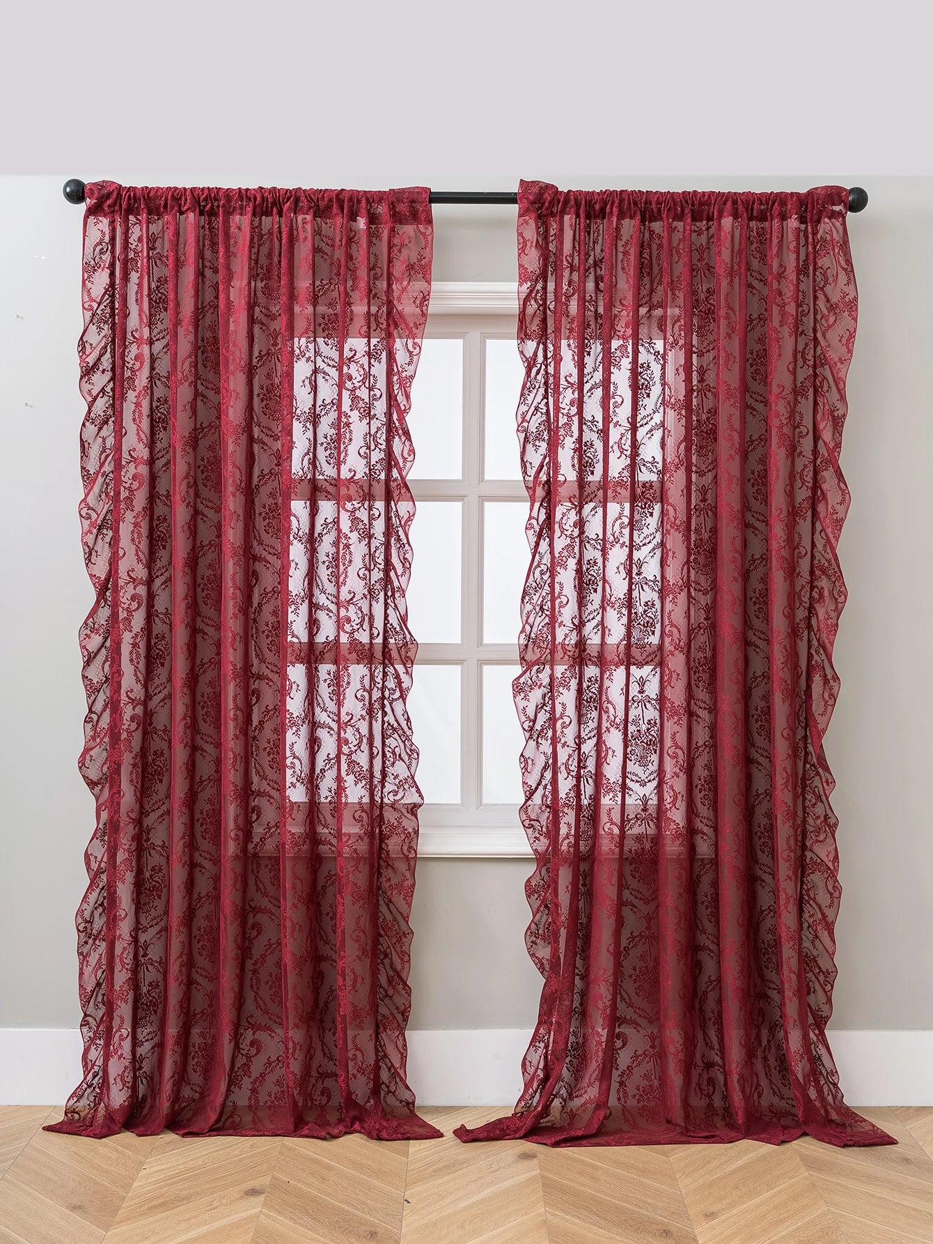 Vintage Burgundy Lace Sheer Curtains, Rod Pocket Ruffled Lace Window Curtains for Living Room Bedroom