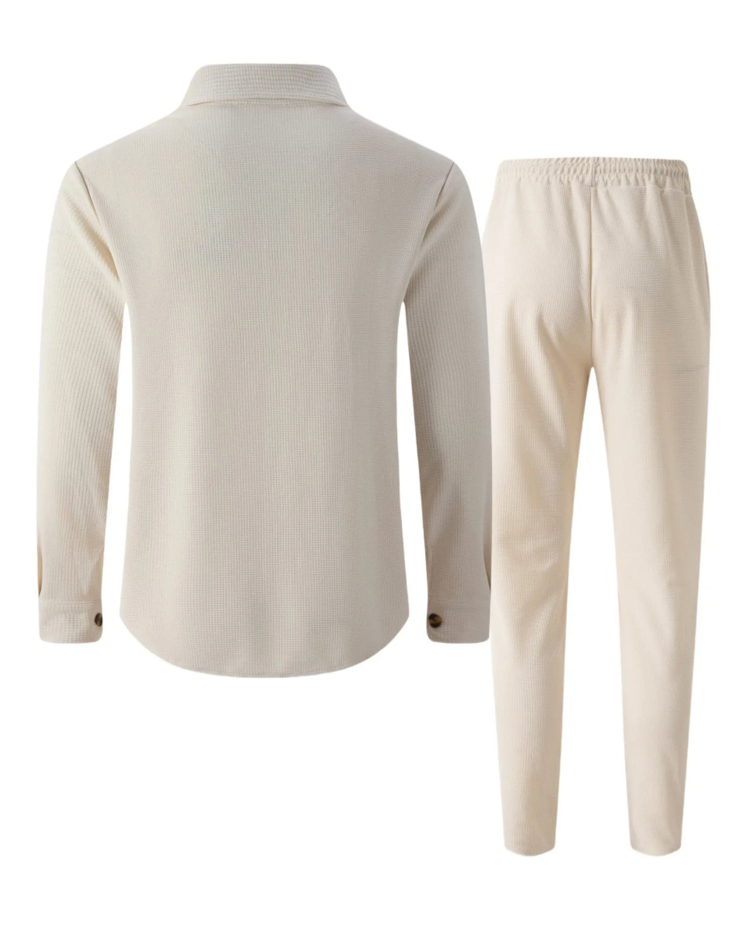 New autumn style waffle long-sleeved solid-color double-pocket buttoned cardigan shirt and pants set