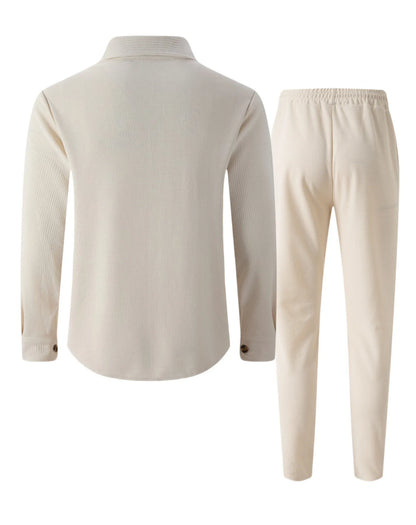 New autumn style waffle long-sleeved solid-color double-pocket buttoned cardigan shirt and pants set