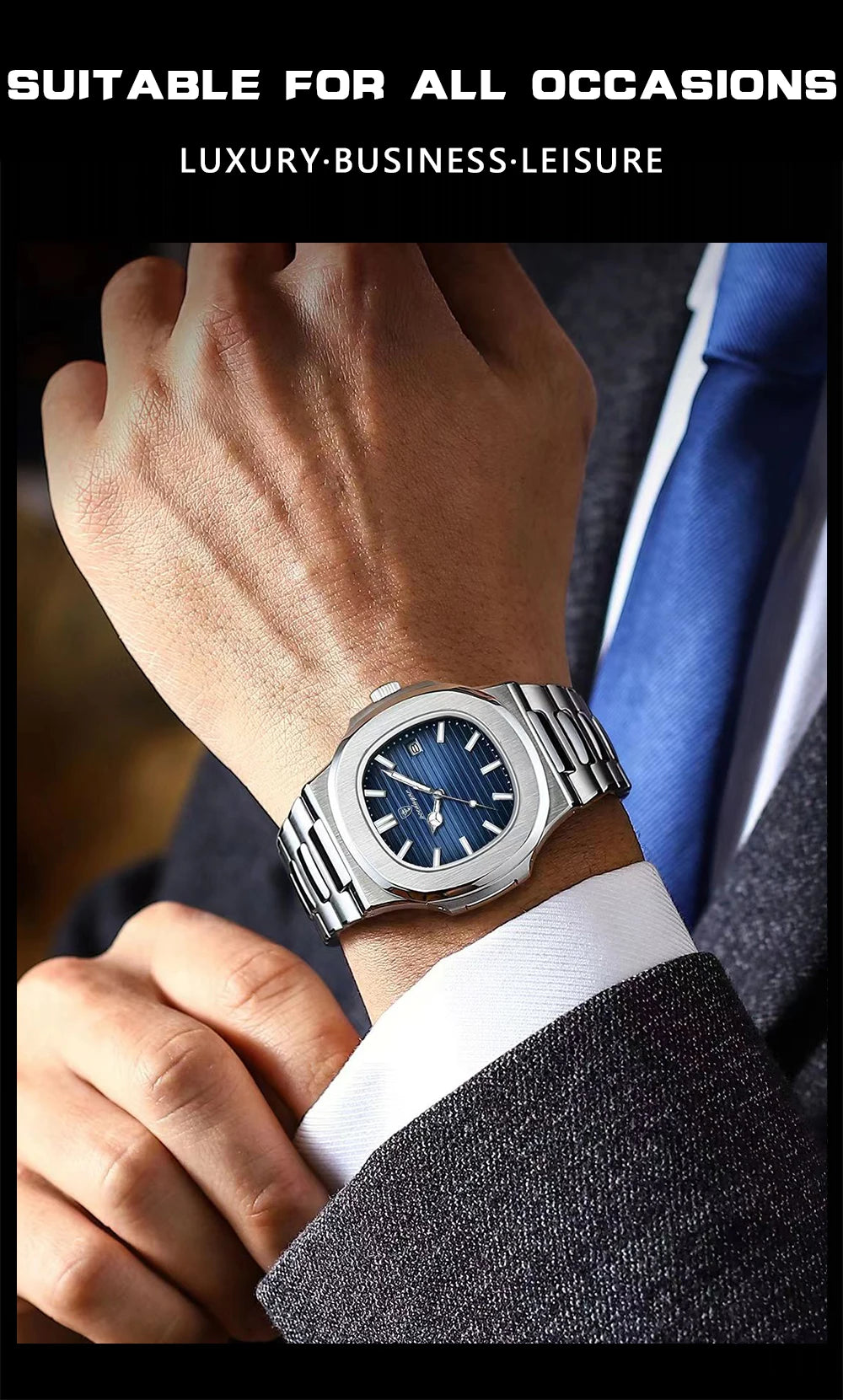 POEDAGAR Luxury Brand Men's Quartz Wristwatch Stainless Steel Waterproof Luminous Date Man Clock Square Business Watches For Men