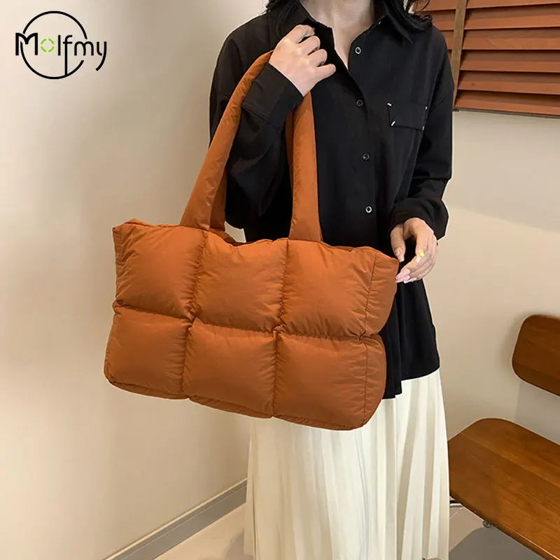 Women Tote Handbags Quilted Plaid Bag Retro Trendy Checkered Waterproof Shoulder Bag Solid Color Winter Soft Large Capacity Bags