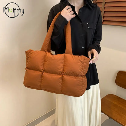 Women Tote Handbags Quilted Plaid Bag Retro Trendy Checkered Waterproof Shoulder Bag Solid Color Winter Soft Large Capacity Bags