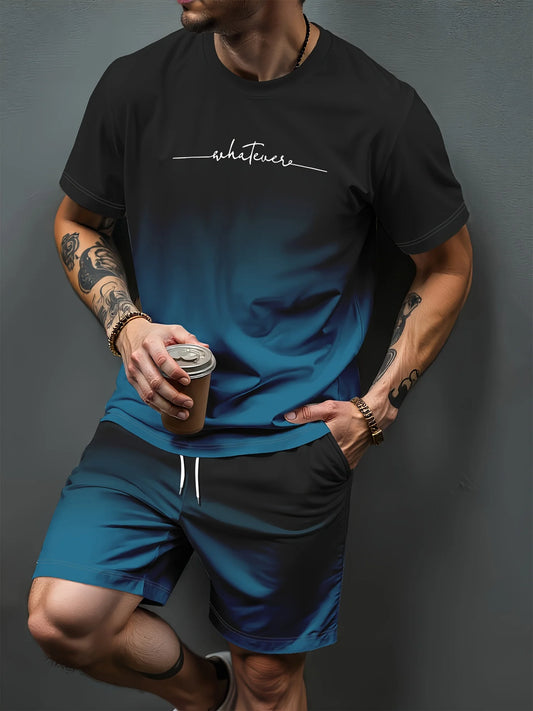 New Men's Summer Set Short-Sleeve T-Shirt Two-Piece Set Stylish Athletic Wear 3D Gradient Print Casual Shorts and T-Shirt Set
