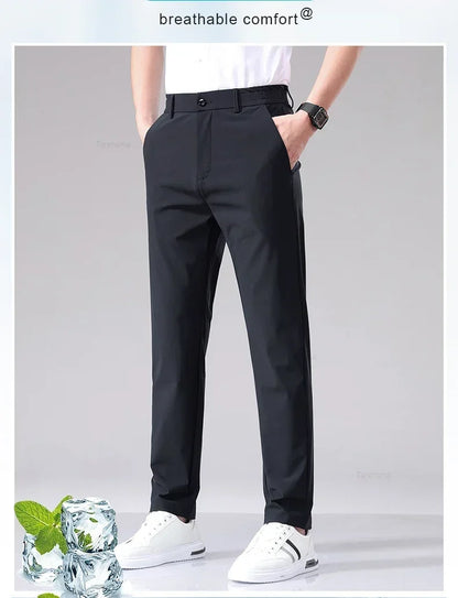 Ultra-thin Elastic Men's Casual Trousers Summer Quick-drying Ice Silk Slim Straight Business Solid Color Y2K Trousers Black Gray
