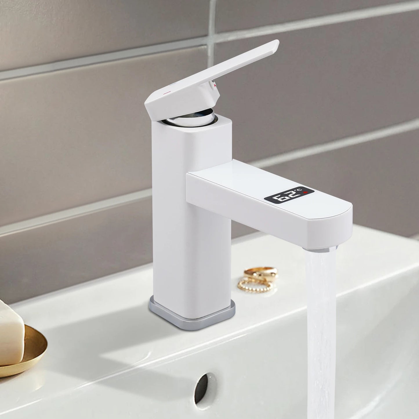 Black And White Washbasin Faucet, Bathroom Kitchen Single Pole Faucet With Digital Display Screen