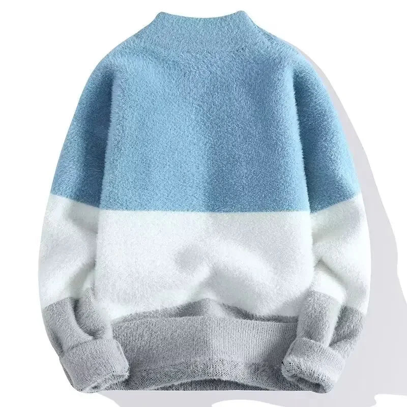 New Men's Plush Sweater Pullovers Korean Winter Warm O Neck Colorblock Sweater High Quality Cool Top Fashionable Men's Clothing
