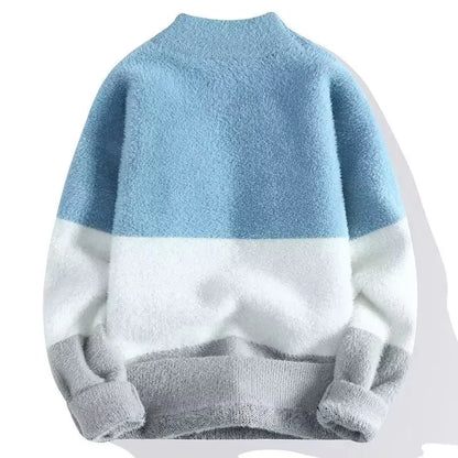 New Men's Plush Sweater Pullovers Korean Winter Warm O Neck Colorblock Sweater High Quality Cool Top Fashionable Men's Clothing