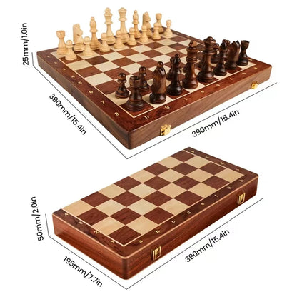 15" x 15" High-end Folding Chess Set Top Grade Classic Handwork Solid Wood Pieces Walnut Chessboard Children Gift Board Game