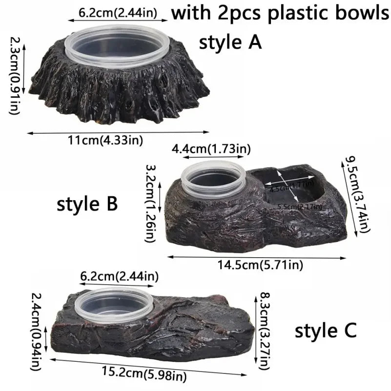 Imitation Stone Resin Rock Feeder Dish Wear Resistant Anti-knock Pet Feeder Ledge with Bowls Wide Mouth Reptile Food Bowl