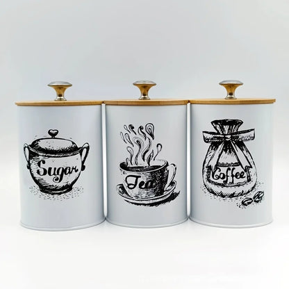 3Pcs Canister Set for Kitchen Counter, Coffee Sugar Tea Canister, Metal Vintage Kitchen Containers, Food Storage Containers